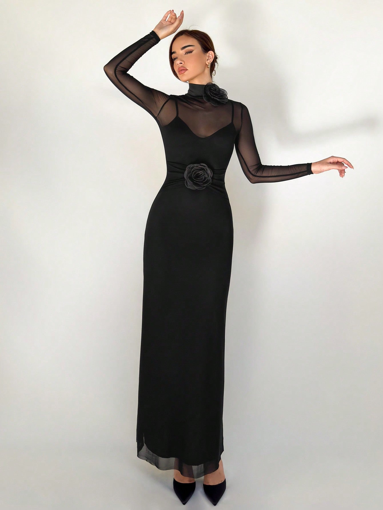 1pc Black Mesh Floral 3D Applique Long Sleeve Bodycon Dress For Women