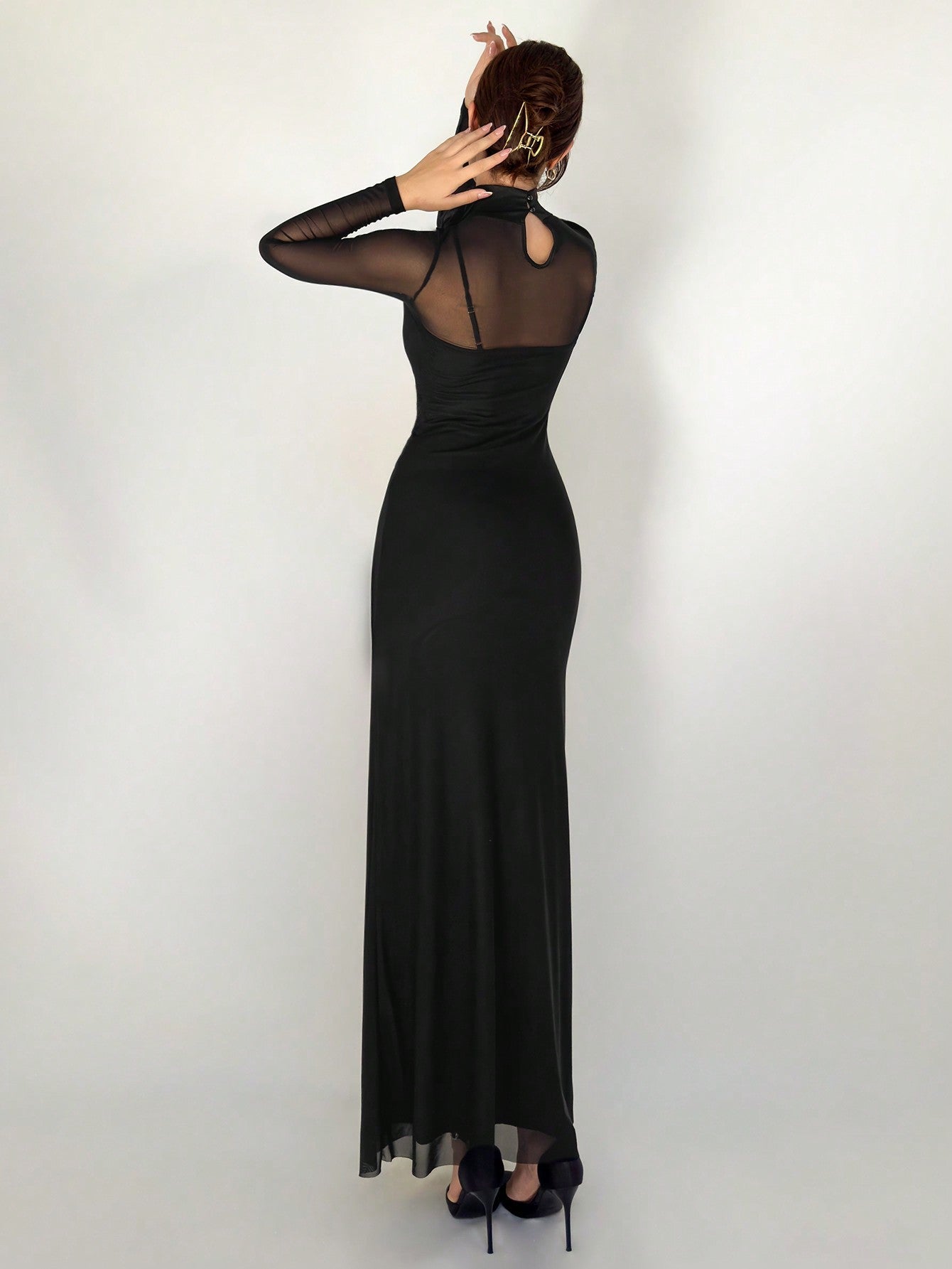 1pc Black Mesh Floral 3D Applique Long Sleeve Bodycon Dress For Women