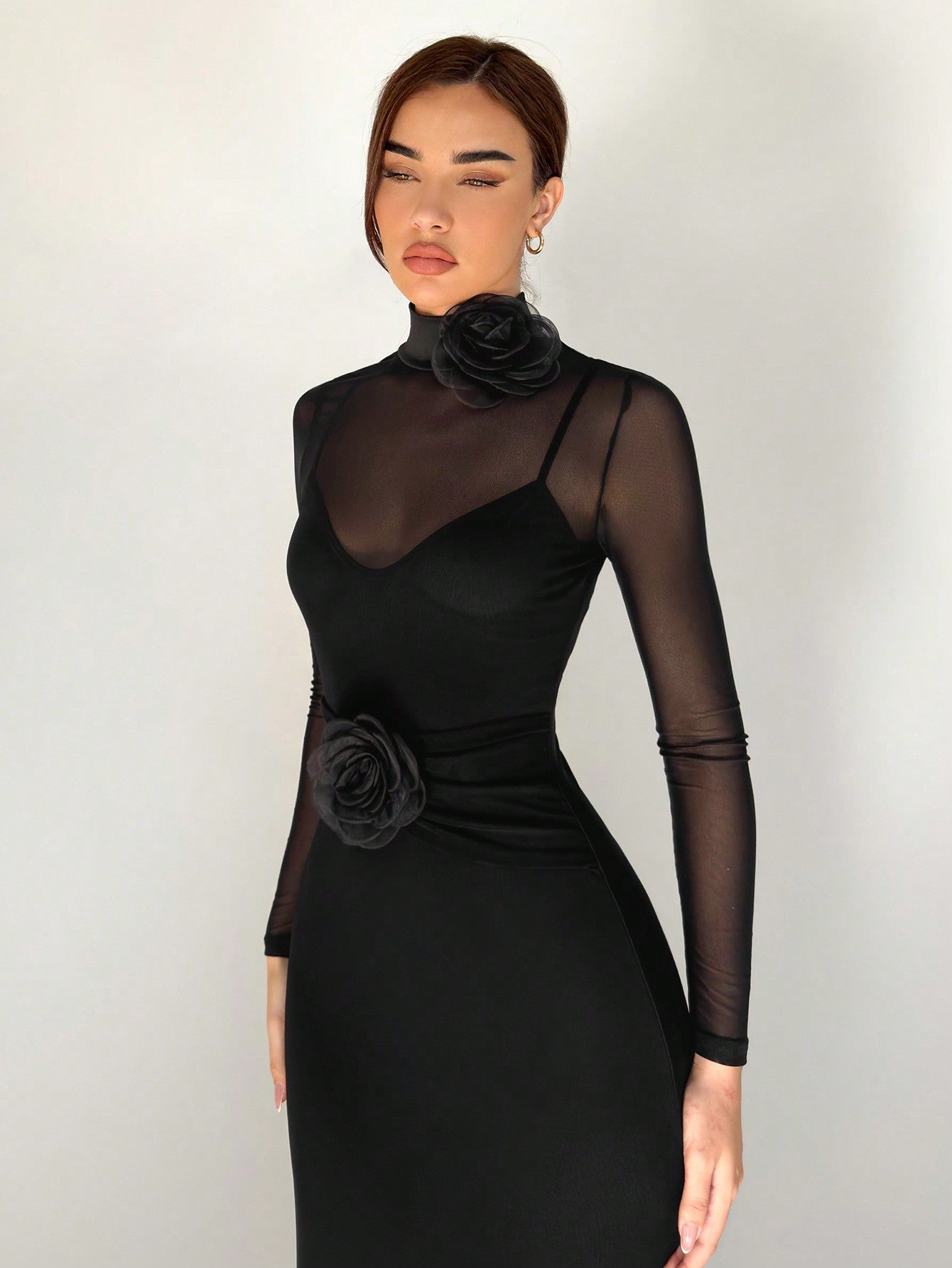 1pc Black Mesh Floral 3D Applique Long Sleeve Bodycon Dress For Women