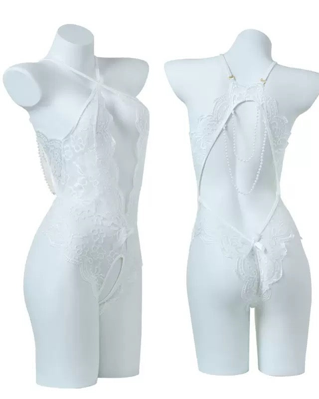 Sexy Lace Open Crotch Tights Pearl Backless Pajamas