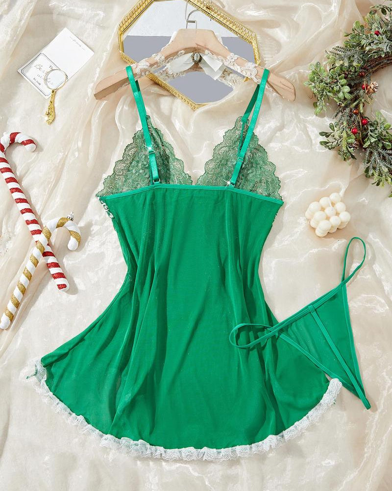 Sexy Deep V Contrast Lace Mesh Bow Decoration Suspender Nightdress (With Thong)