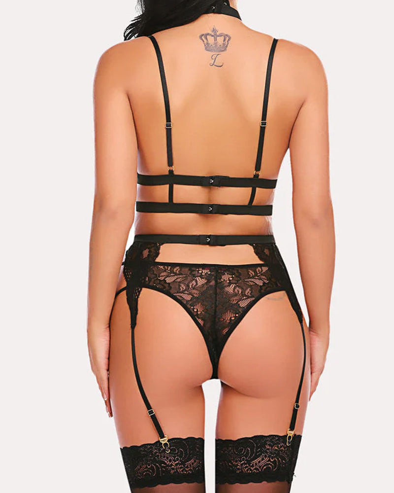Sexy Lace Mesh Colorblock Suspender Bra and Garter Panty Set with Removable Choker