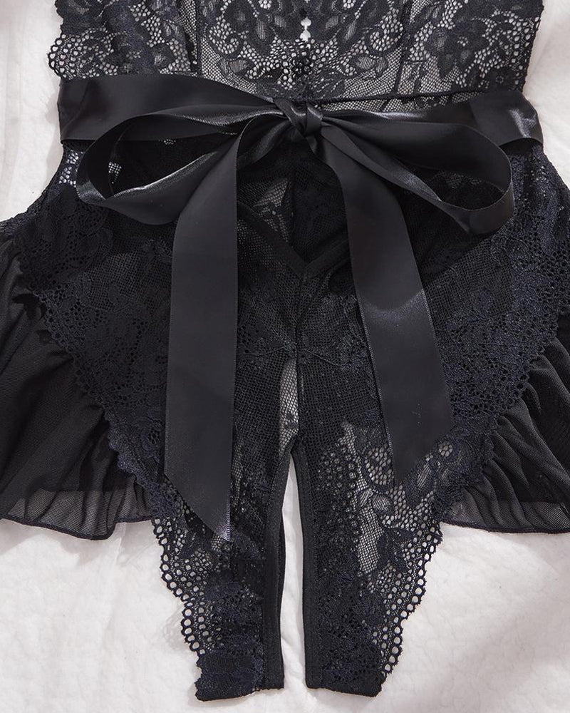 Women's Sexy Flower Lace Open Crotch Design Suspender Tight Backless Nightgown