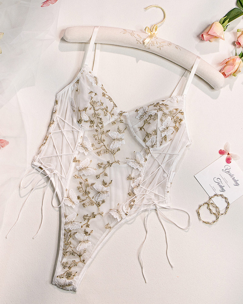 Women's Sexy Mesh Butterfly Embroidery Open Back Bodysuit