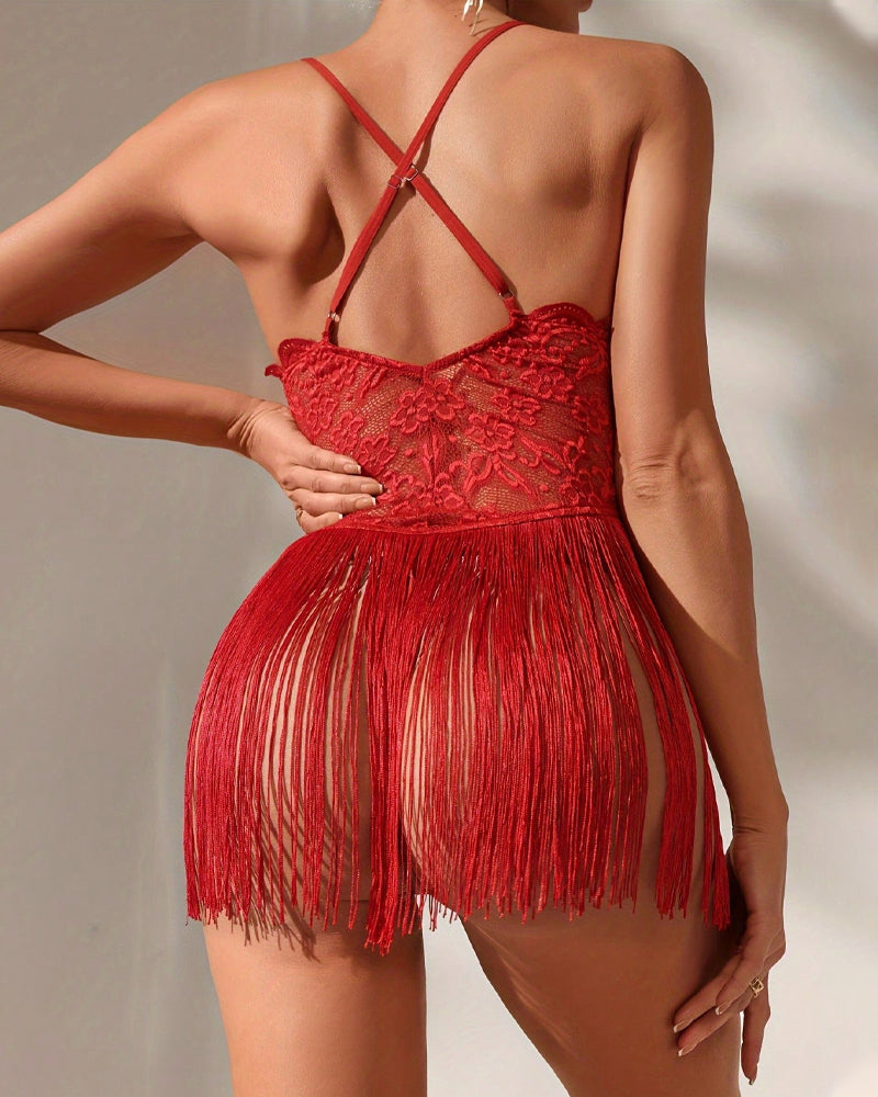 Sexy Deep V Lace Tassel Suspender Dress and Thong Pajama Set