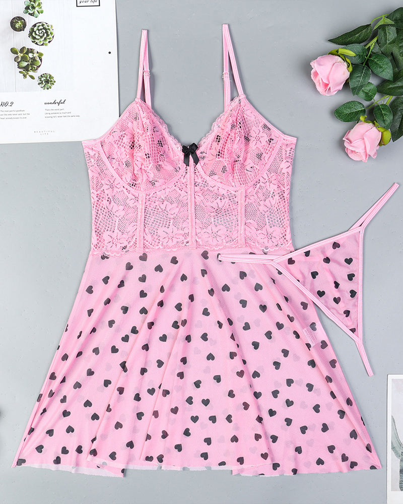 Sexy Lace See-Through Heart Print Camisole Nightdress and Thong Set