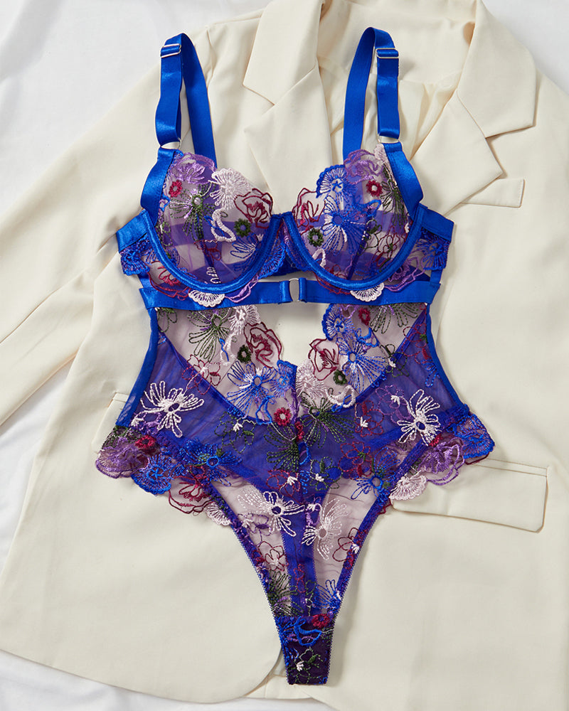 Colorful Flower Embroidery Sexy Lace Underwire Gathered Mesh Bodysuit