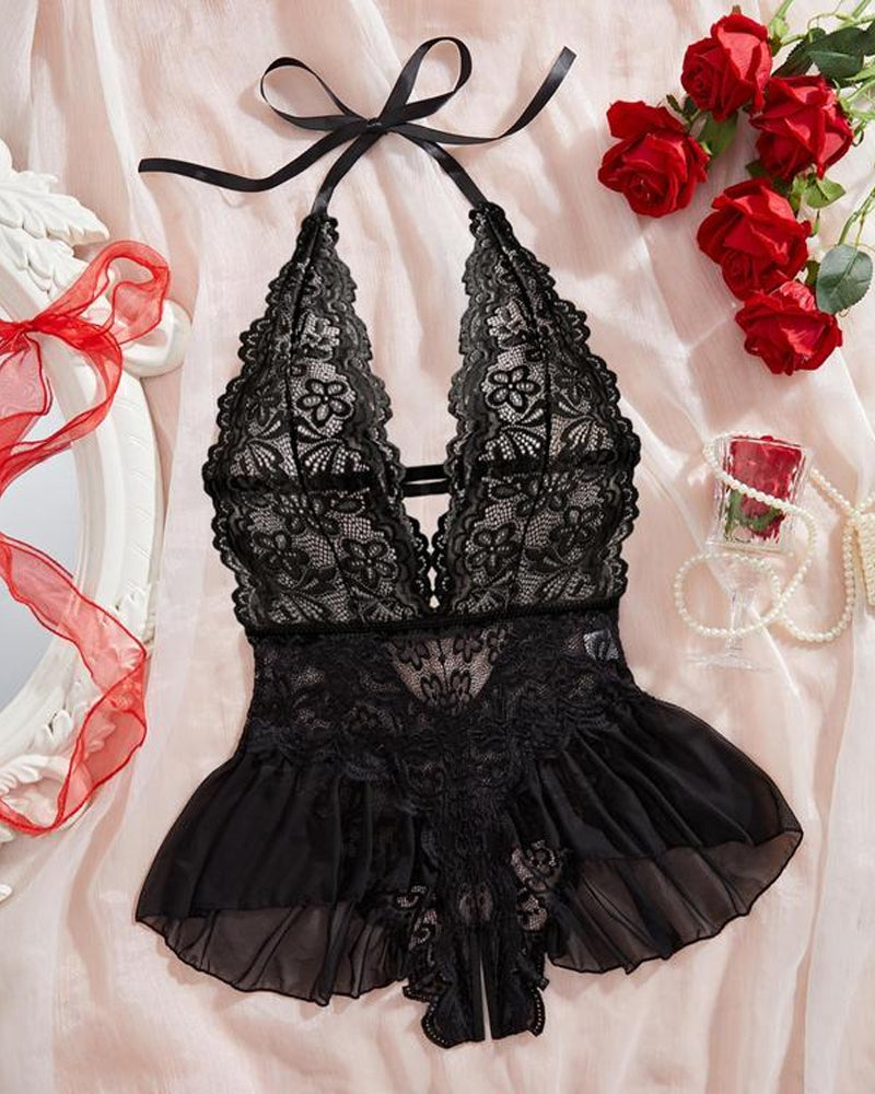 Sexy Hollow Lace See-through Suspenders Open Crotch One-piece Pajamas