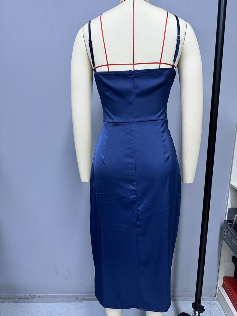 American satin sling slit party dress