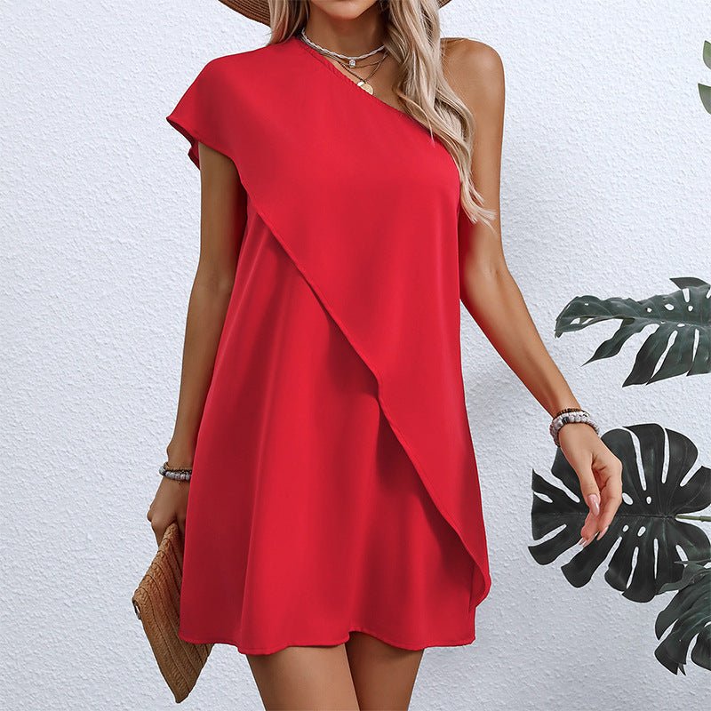 sexy fake two-piece off-shoulder dress summer vacation style sleeveless A-line midi Dress