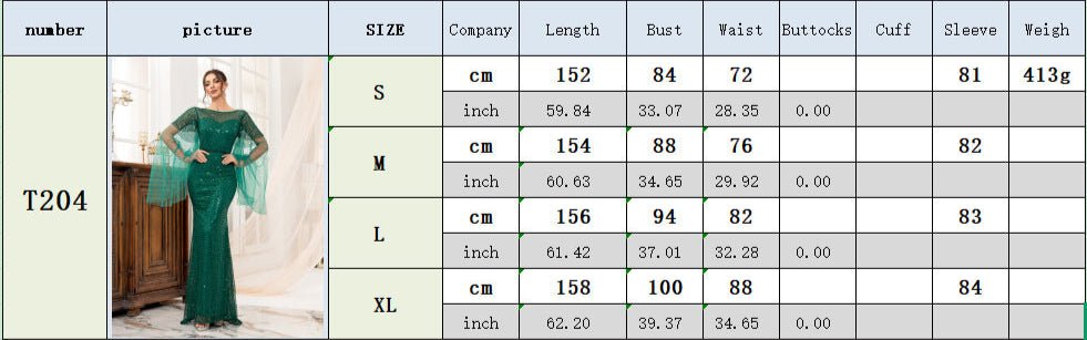 Backless green women's long-sleeved boat neck banquet sequined fishtail long evening dress