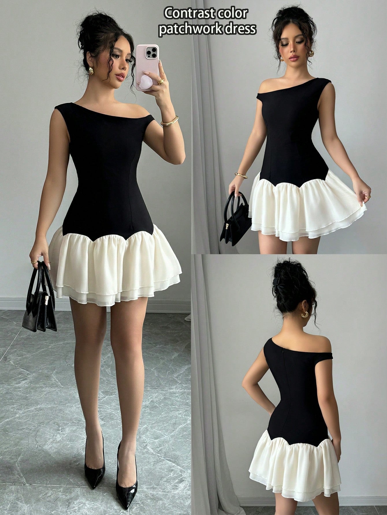 Dark And Light Color Block Woven Twill Splicing Organza Design Sleeveless Asymmetric Off-Shoulder New Women's Black Short Dress