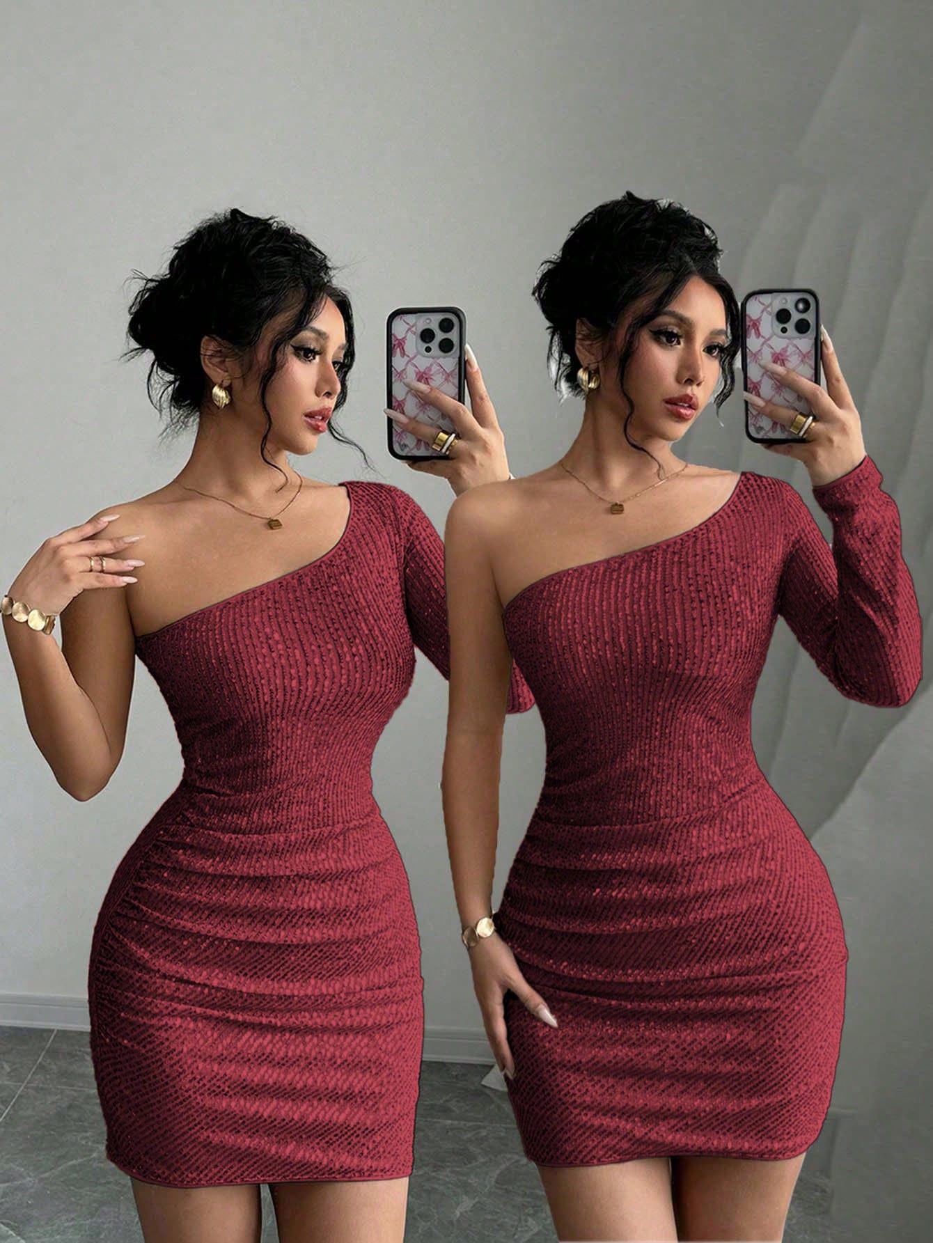 Elegant And Charming Asymmetrical Shoulder Sparkling Bodycon Dress For New Year Holiday Party Clothes Sequin Women Outfit