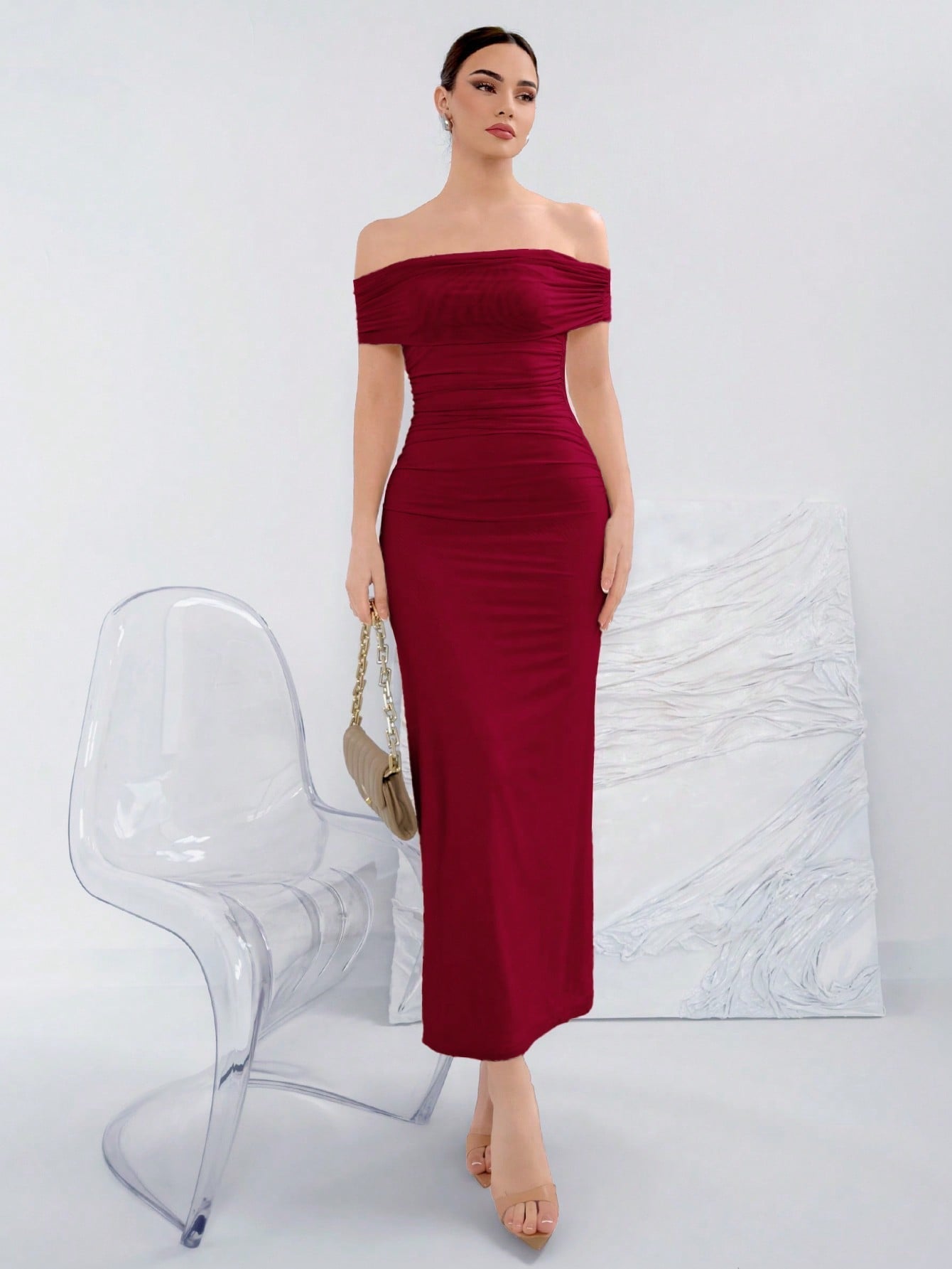 Elegant Ruched Off-Shoulder Bodycon Dress For Summer