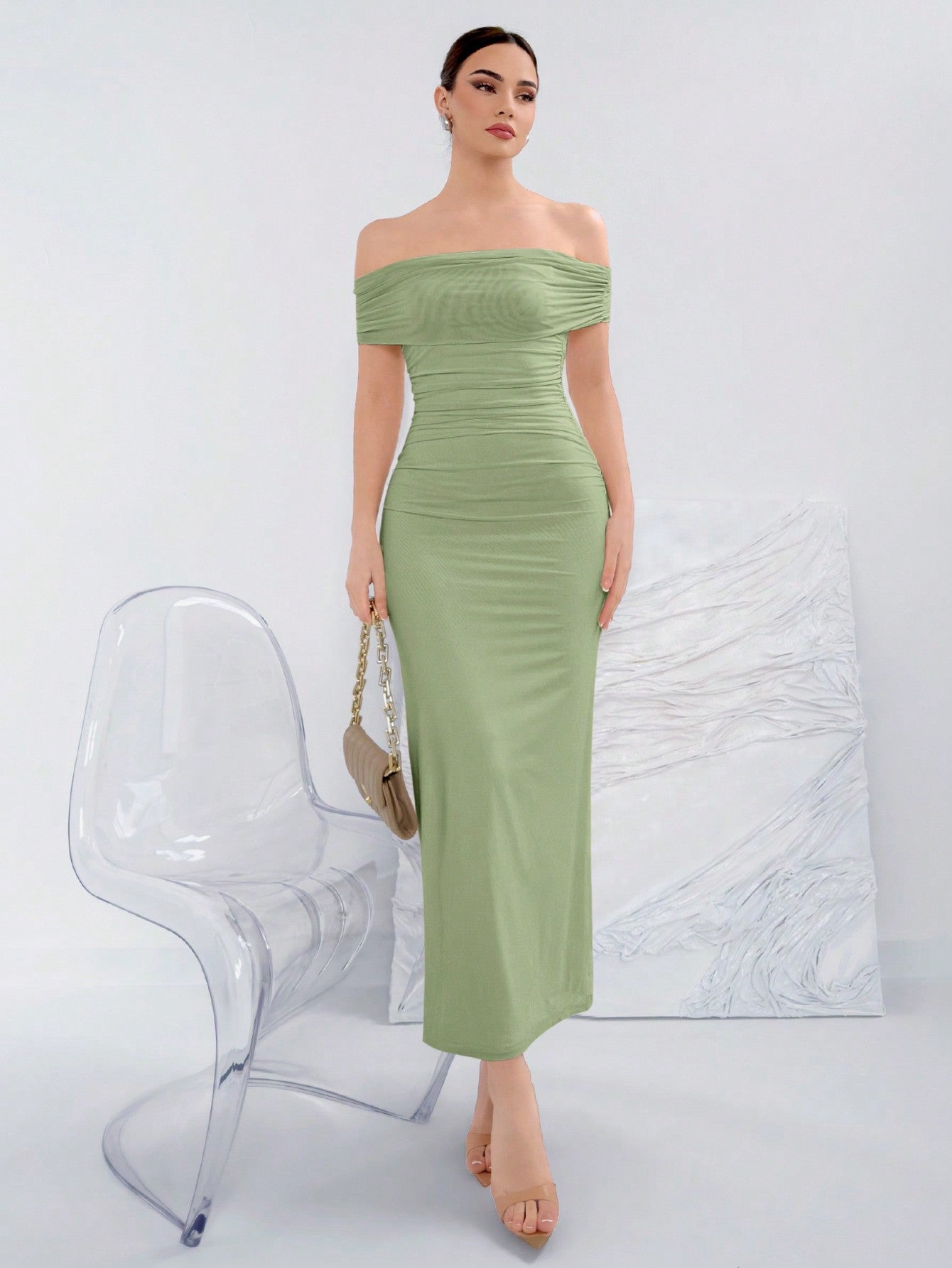 Elegant Ruched Off-Shoulder Bodycon Dress For Summer