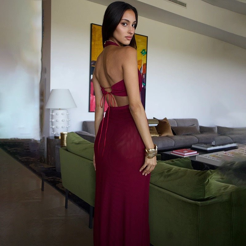 European women's halter neck slim stitching exposed backpack bodycon dress