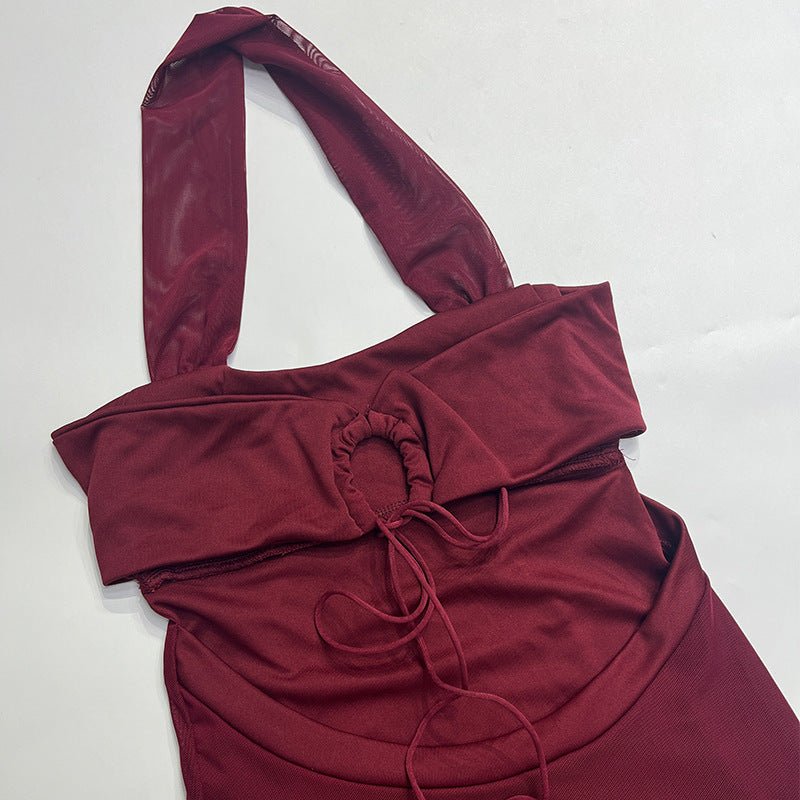 European women's halter neck slim stitching exposed backpack bodycon dress