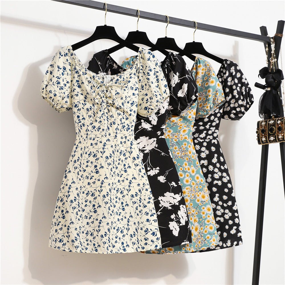 Floral chiffon dress women's summer new niche versatile lace-up primer short skirt short sleeve