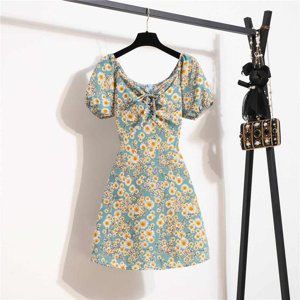 Floral chiffon dress women's summer new niche versatile lace-up primer short skirt short sleeve