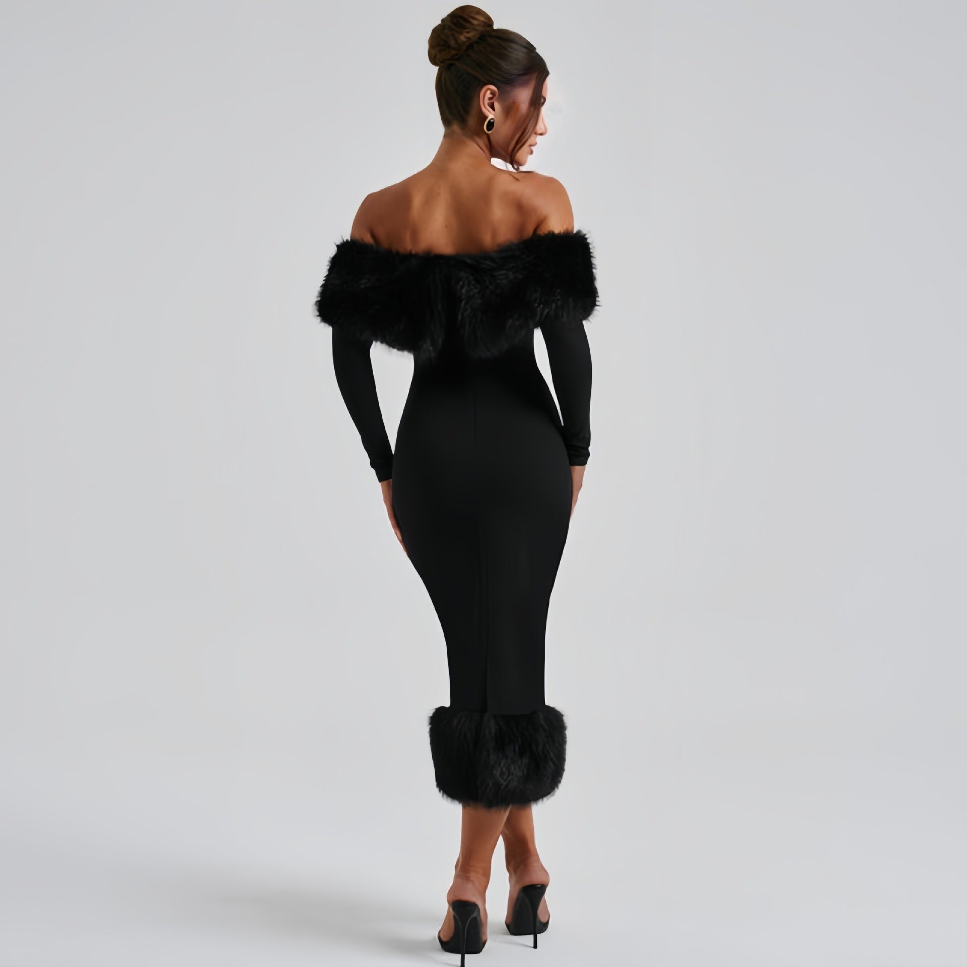 Fur collar one-shoulder long-sleeved slim evening dress