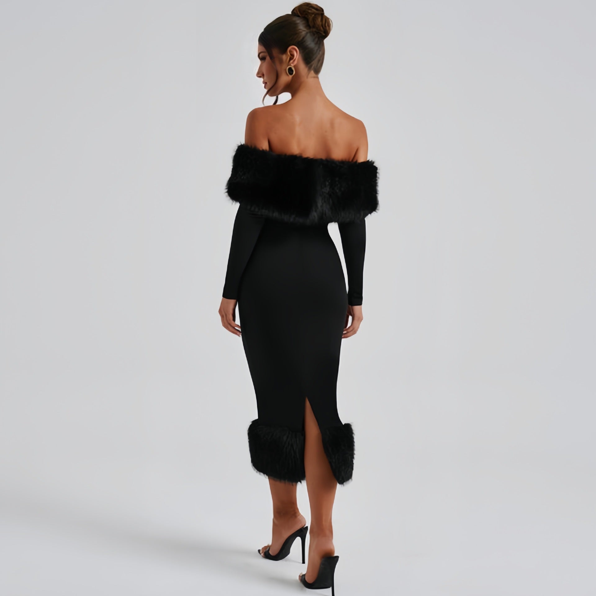 Fur collar one-shoulder long-sleeved slim evening dress