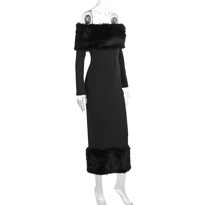 Fur collar one-shoulder long-sleeved slim evening dress