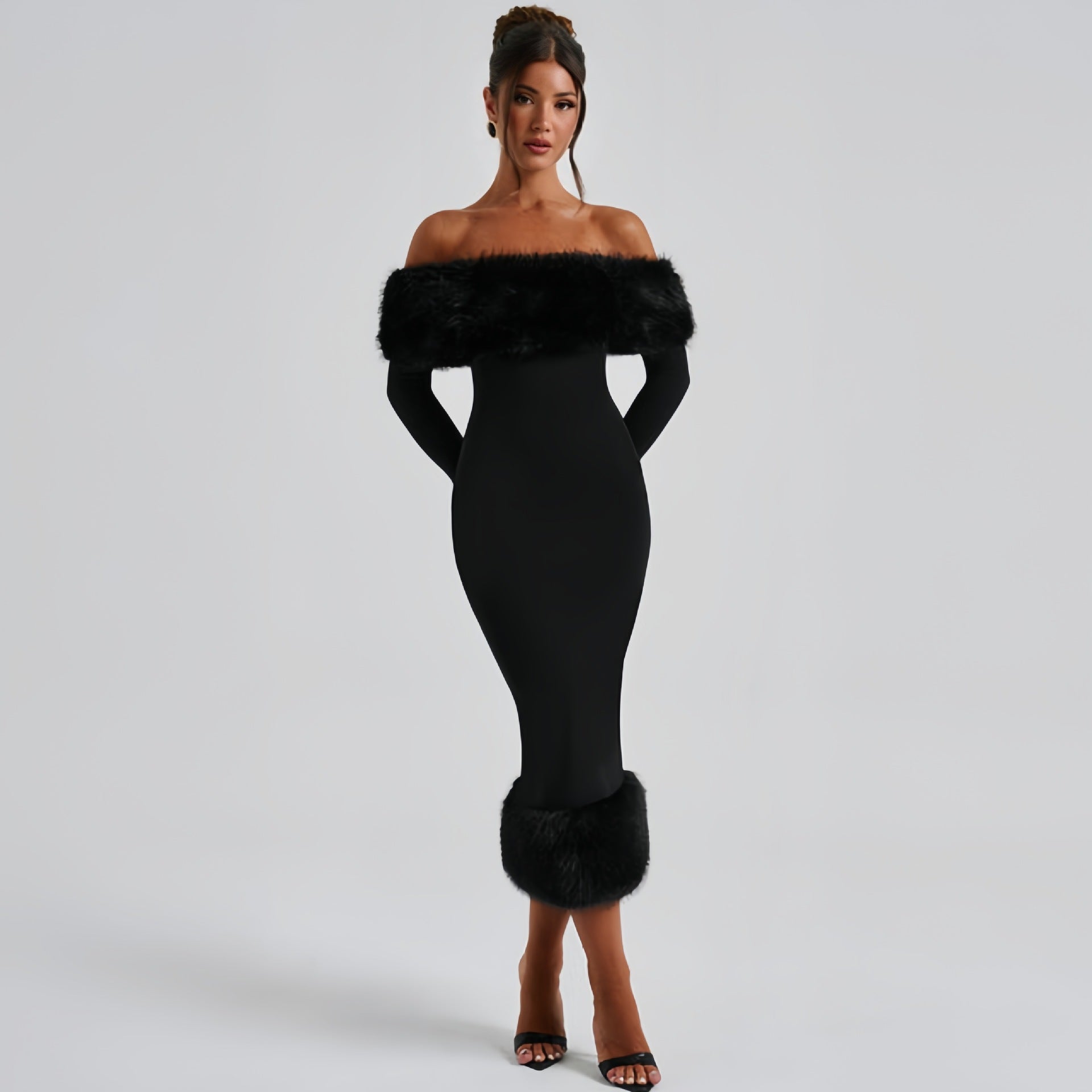 Fur collar one-shoulder long-sleeved slim evening dress