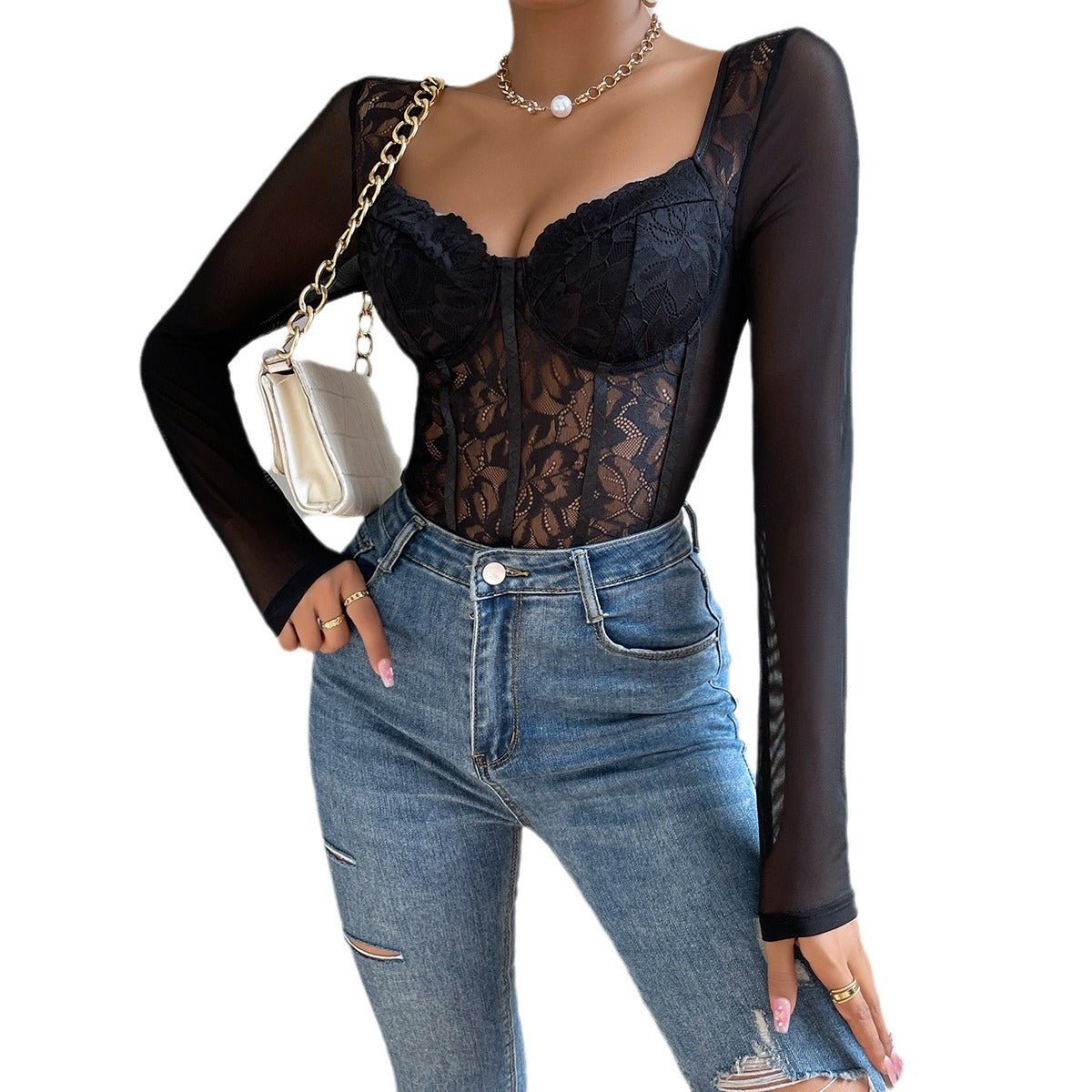 Lace low-cut versatile fashion street style bodysuit