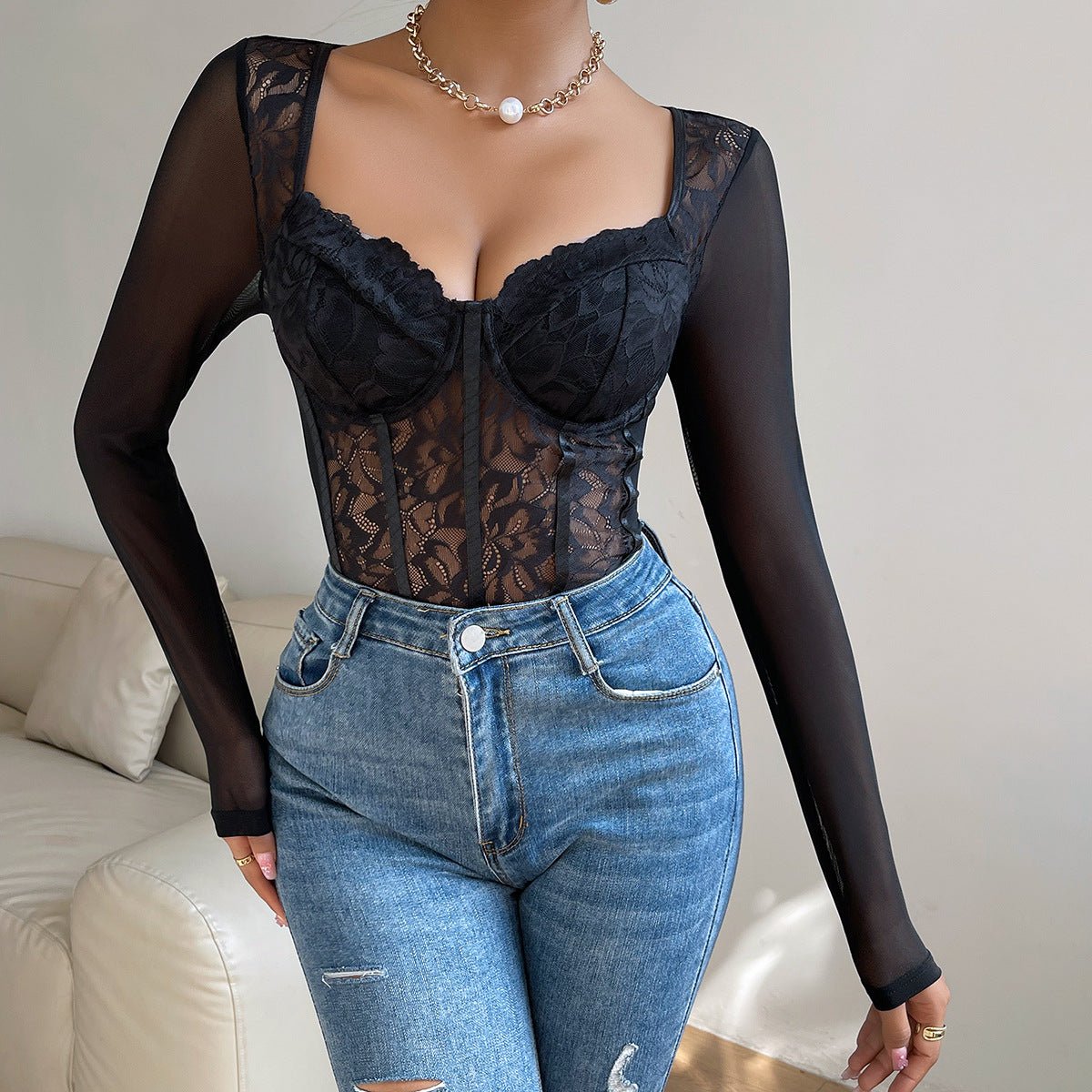 Lace low-cut versatile fashion street style bodysuit