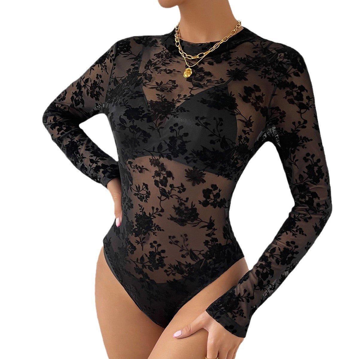 Lace mesh flocking printing perspective sxy slim temperament long-sleeved bodysuit