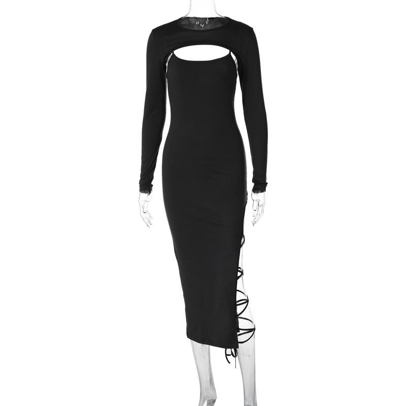 Long-sleeved shawl straps sxy sling slit bodycon dress