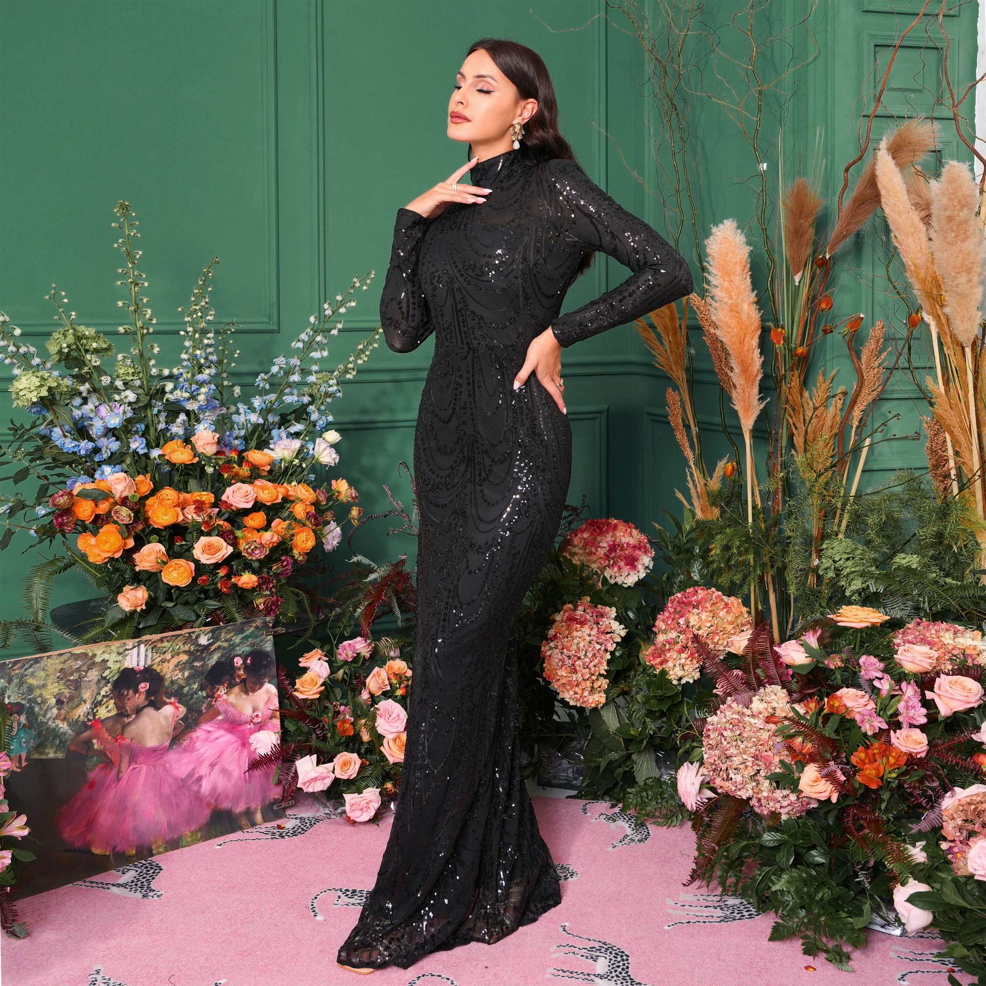 Long-sleeved temperament round neck sxy slim long sequined banquet evening dress bridesmaid dress