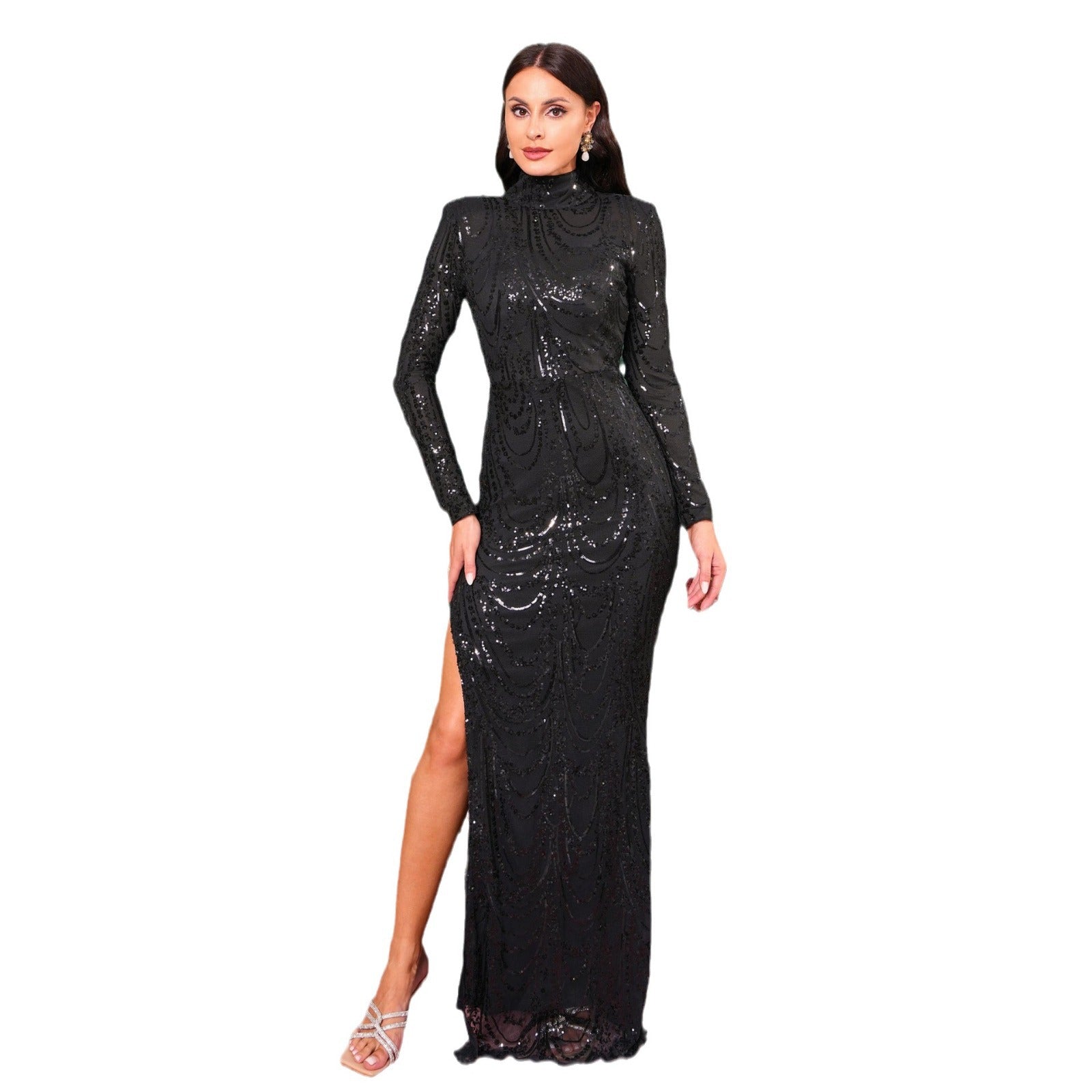 Long-sleeved temperament round neck sxy slim long sequined banquet evening dress bridesmaid dress