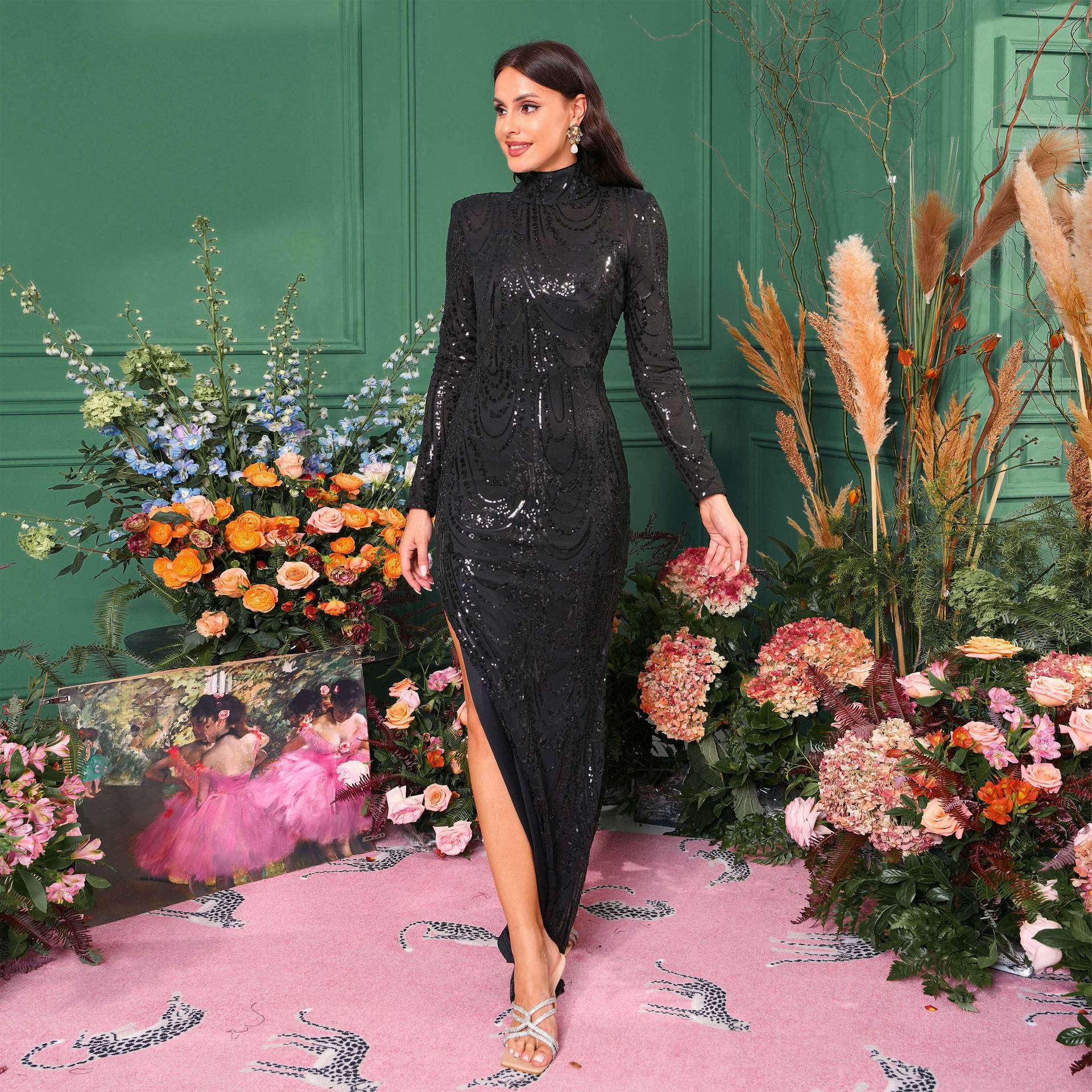 Long-sleeved temperament round neck sxy slim long sequined banquet evening dress bridesmaid dress