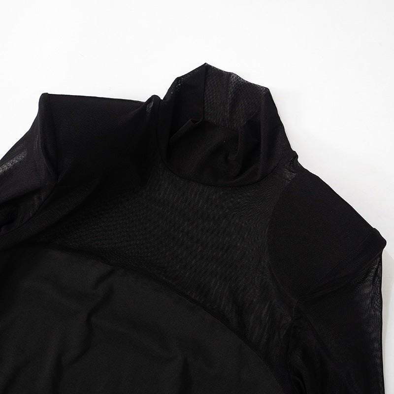 Mesh splicing finger sleeve long sleeve high collar slim bodycon long dress