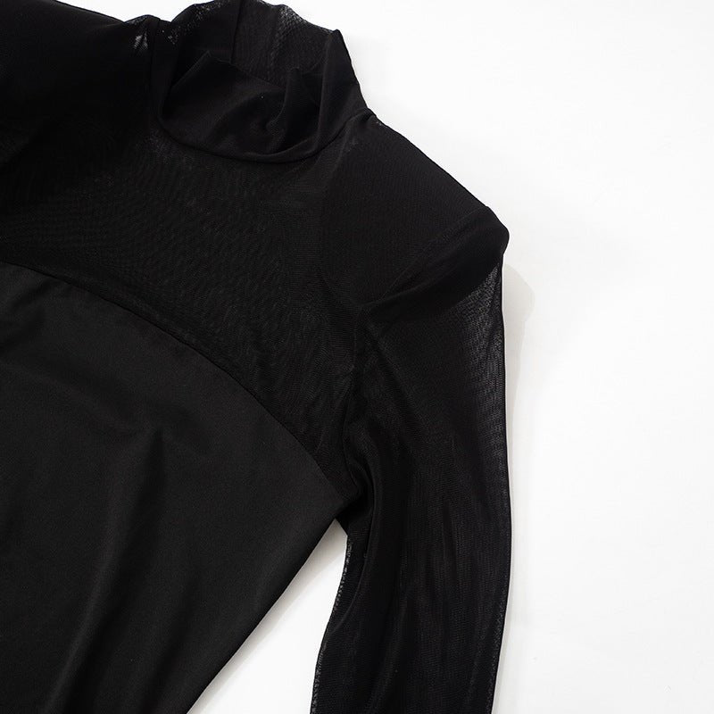 Mesh splicing finger sleeve long sleeve high collar slim bodycon long dress