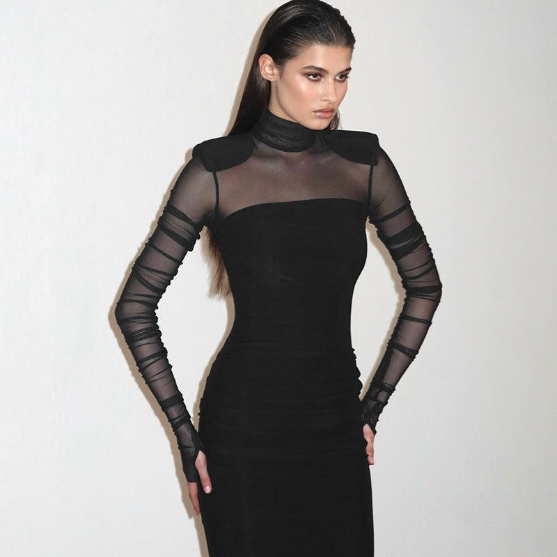 Mesh splicing finger sleeve long sleeve high collar slim bodycon long dress