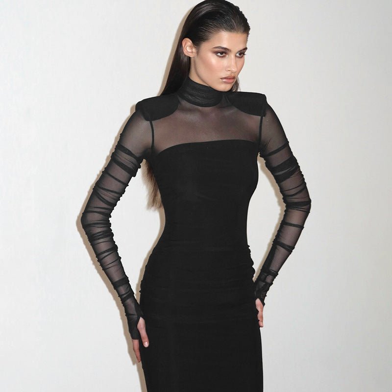 Mesh splicing finger sleeve long sleeve high collar slim bodycon long dress