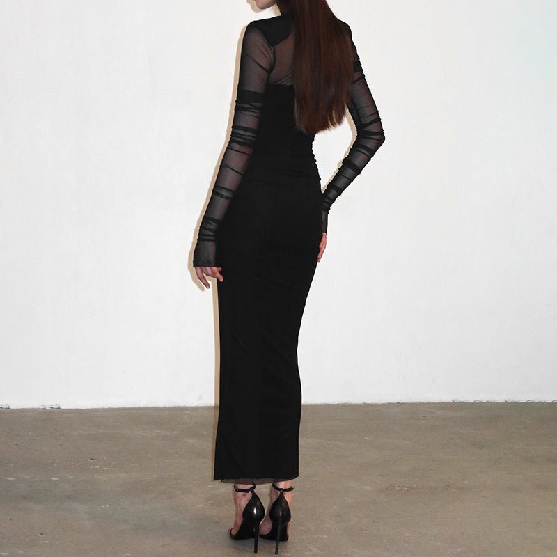 Mesh splicing finger sleeve long sleeve high collar slim bodycon long dress
