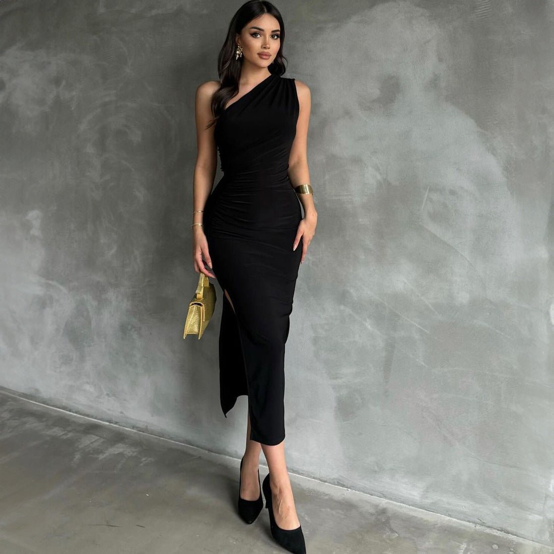 New style oblique shoulder solid color slit sleeveless party dress