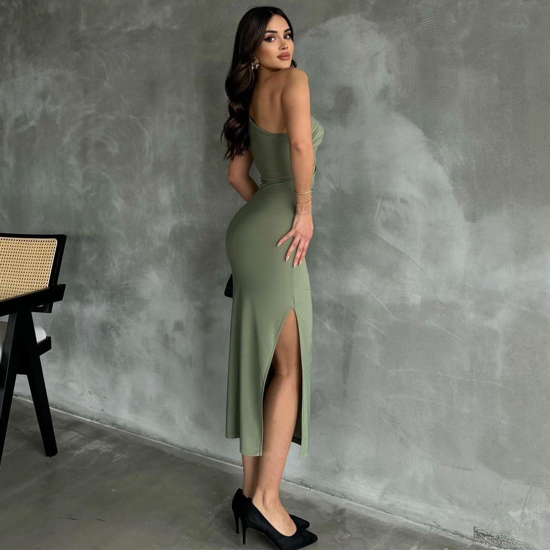 New style oblique shoulder solid color slit sleeveless party dress
