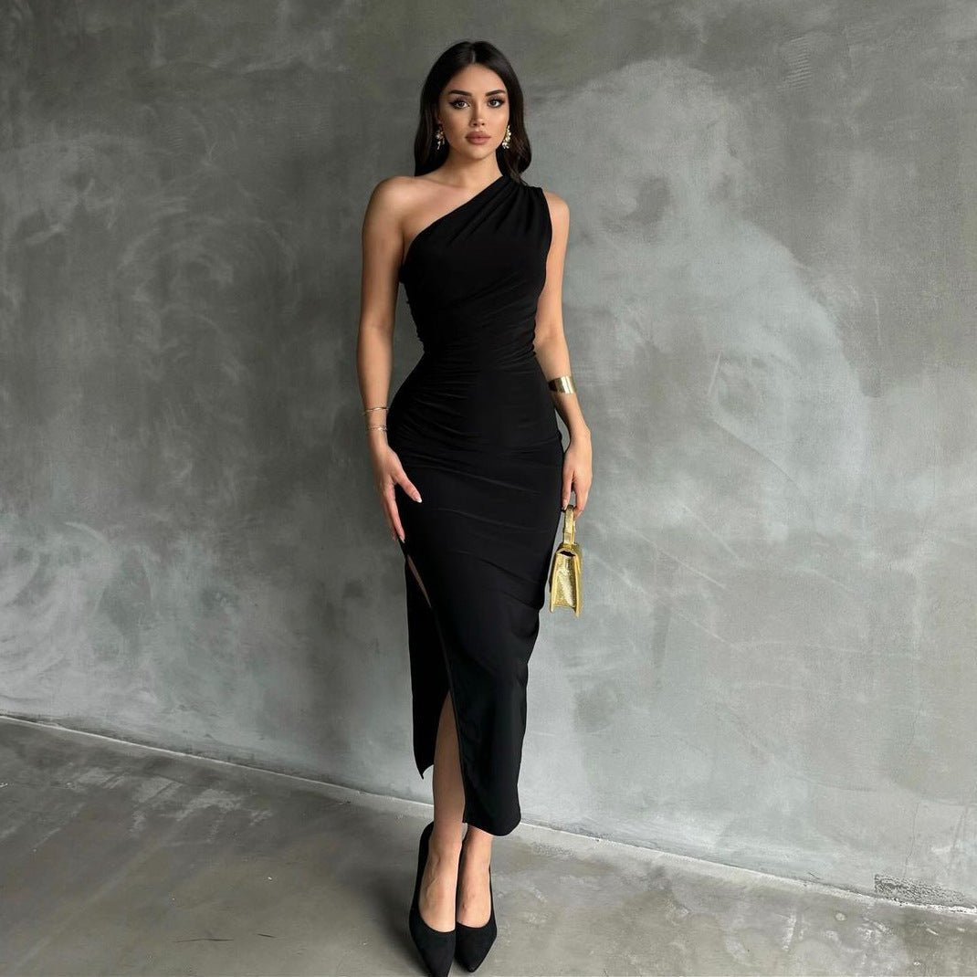 New style oblique shoulder solid color slit sleeveless party dress