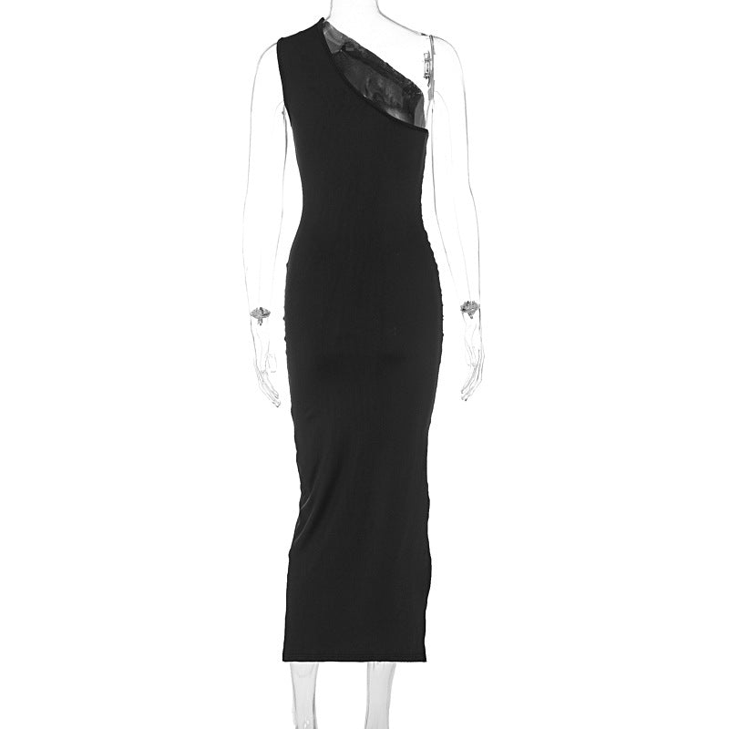 New style oblique shoulder solid color slit sleeveless party dress