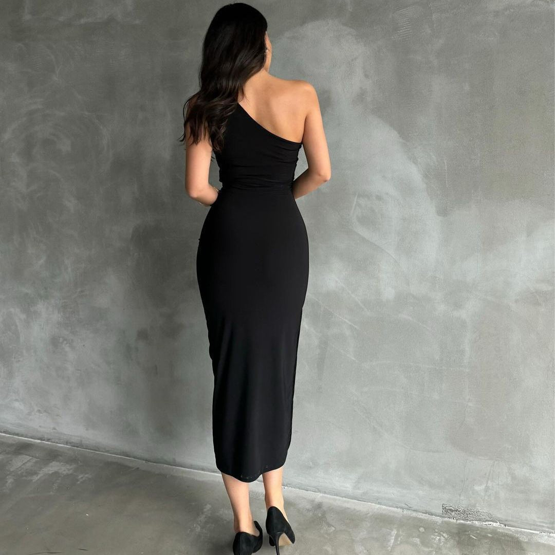 New style oblique shoulder solid color slit sleeveless party dress