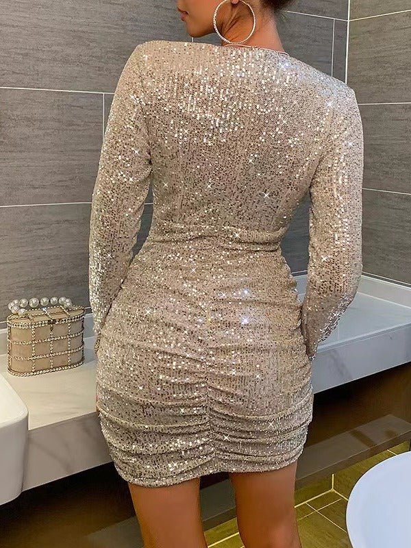 New women's clothing sequined pleated evening dress long-sleeved V-neck solid color dress