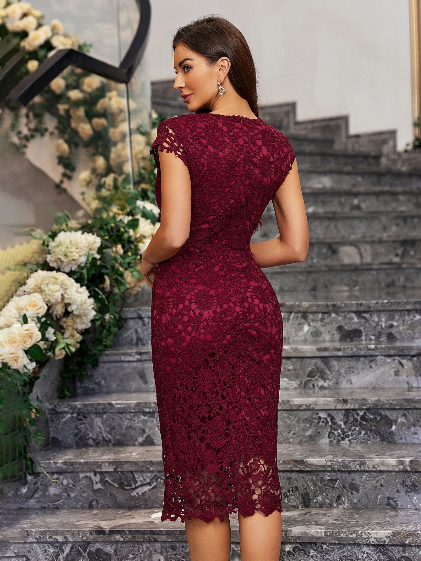 Pencil skirt sexy slim water volume lace hip bodycon dress