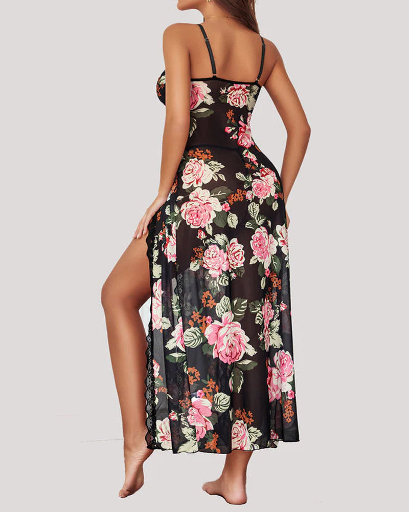 Sexy Suspenders See-Through Lace Mesh Long Slits With Panties Pajamas Set