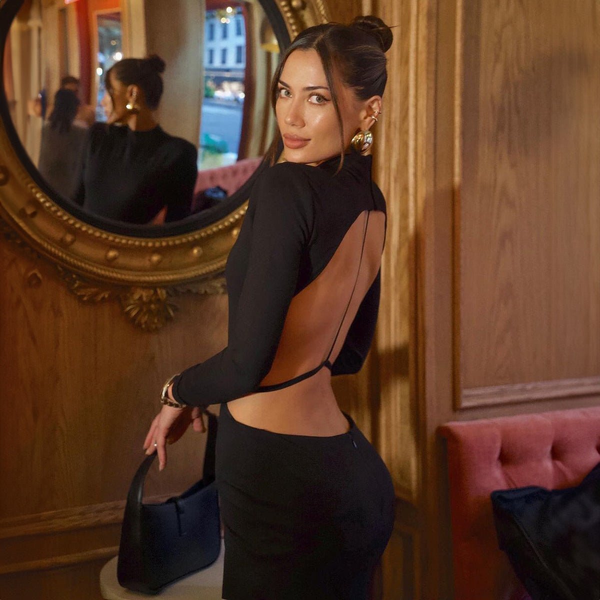 Sxy slim long-sleeved backless solid color bodycon dress