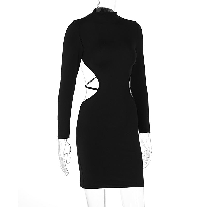 Sxy slim long-sleeved backless solid color bodycon dress