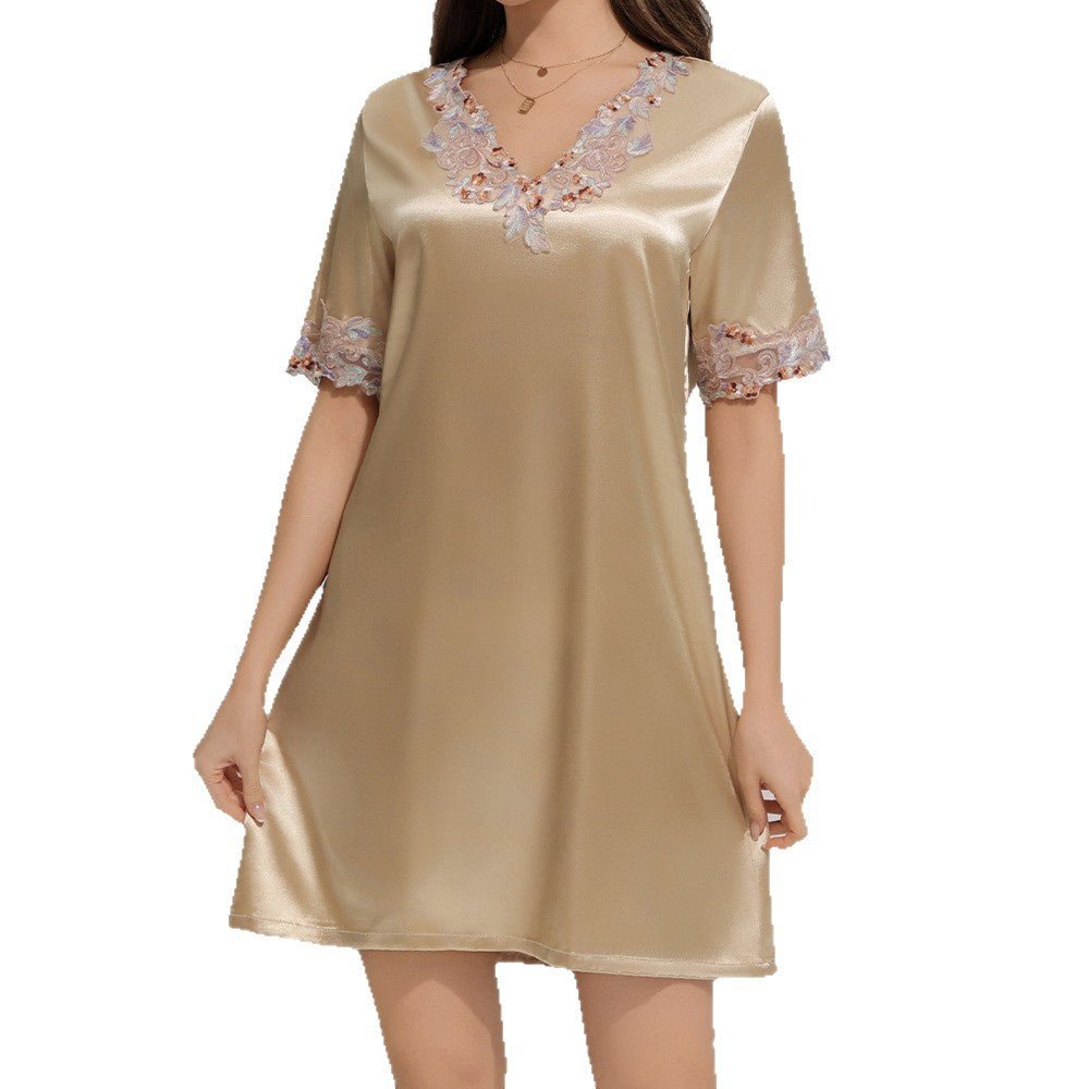 short-sleeved nightdress solid-color pajamas women's summer lace thin ice silk loungewear SQ22136